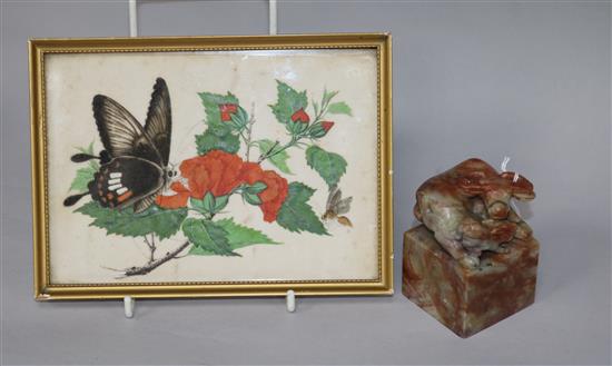 A Chinese soapstone ox seal and a pith painting of insects painting 12 x 17cm